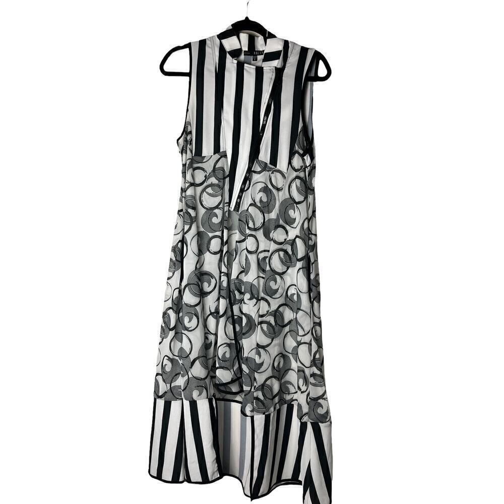 Kozan Womens Black White Striped Swirl Print Asymmetric Zip Front Midi Dress S